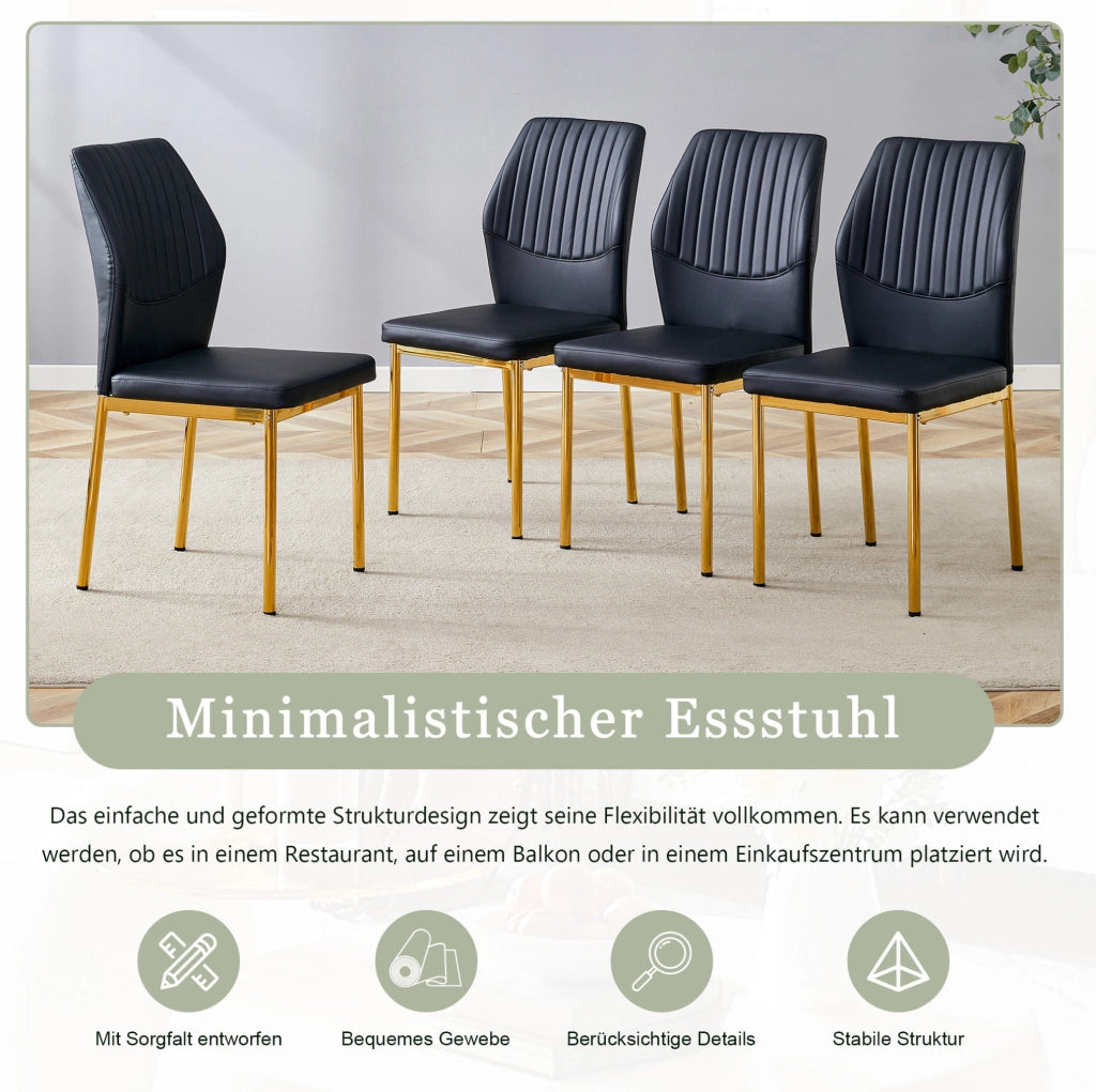 Set 4 sedie da pranzo moderne in PU nero con gambe in metallo oro; altezza 93 cm
