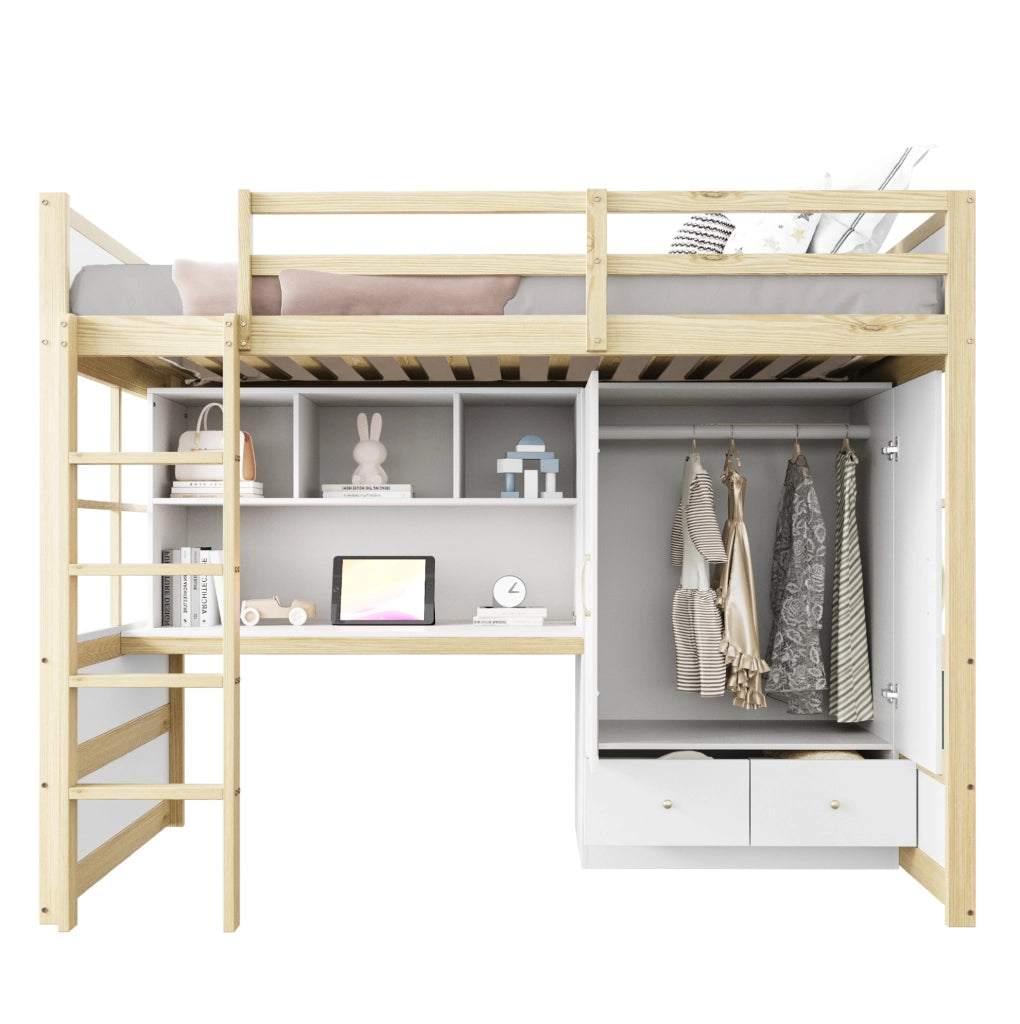 Letto a soppalco 90x200 cm in legno naturale con scrivania; armadio e cassetti