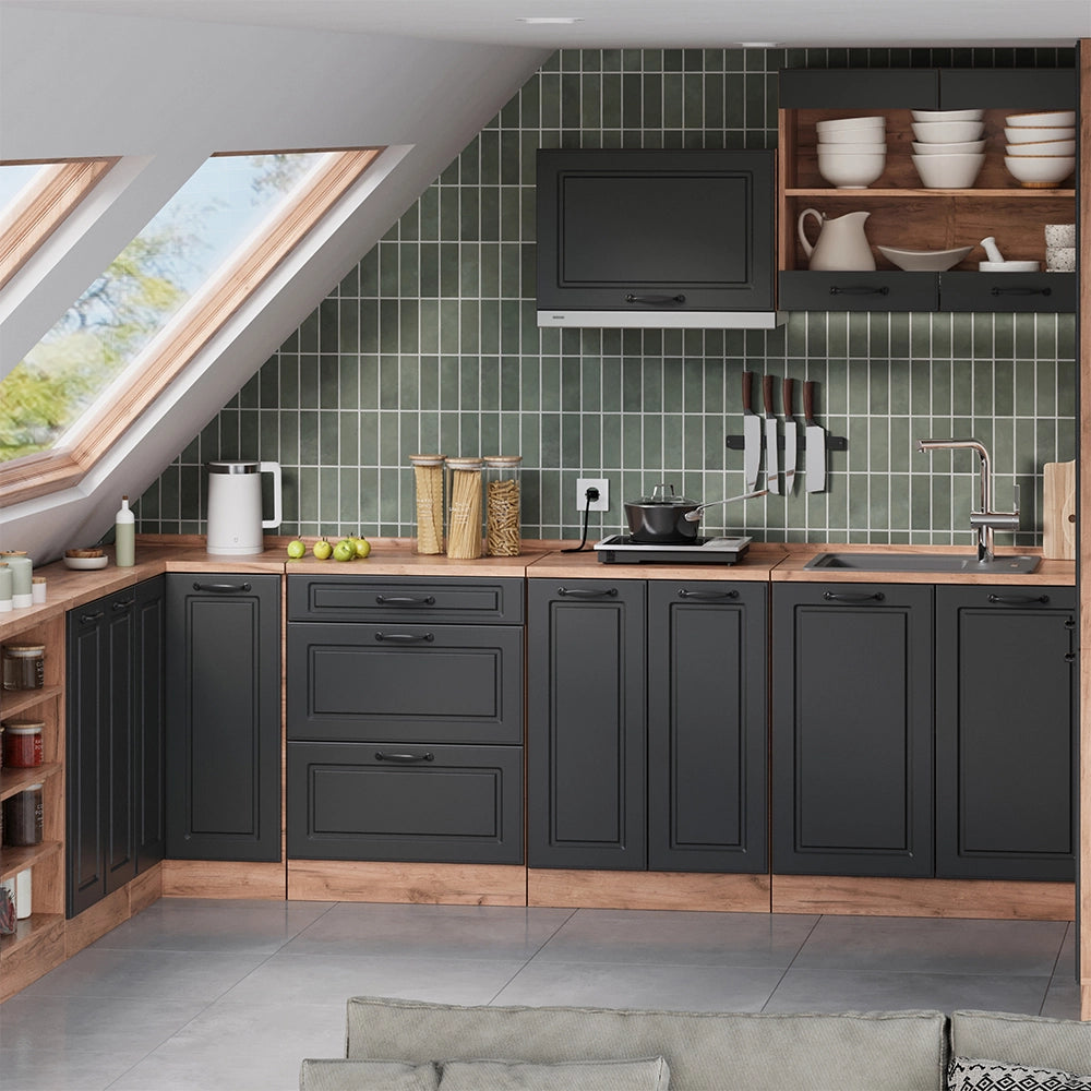 Mobile cucina sottotetto R-Line Antracite rustico/Rovere dorato 80 cm senza inclinazione con 2 ante Vicco