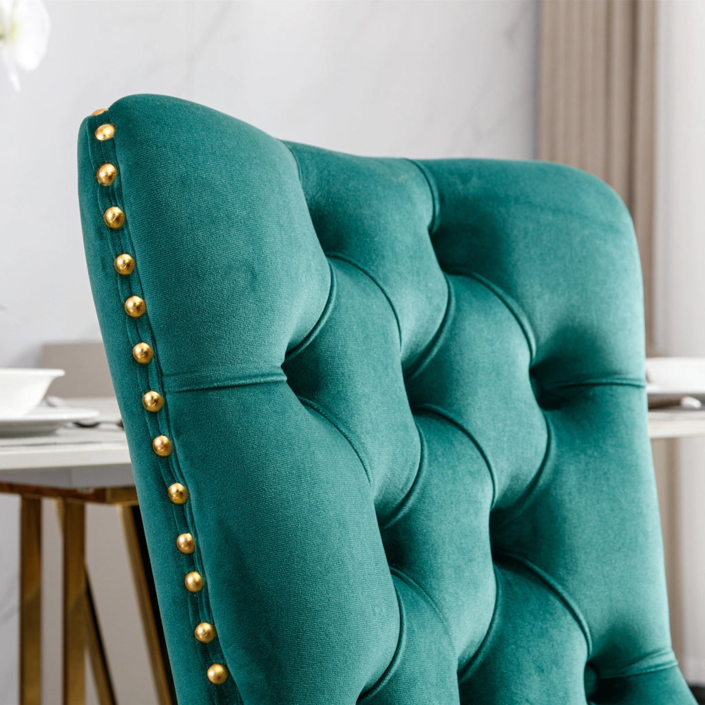 Sedie da Pranzo Imbottite in Velluto Verde ¨C MINIMAL ¨C Set 2, Gambe Dorate, Legno Massello