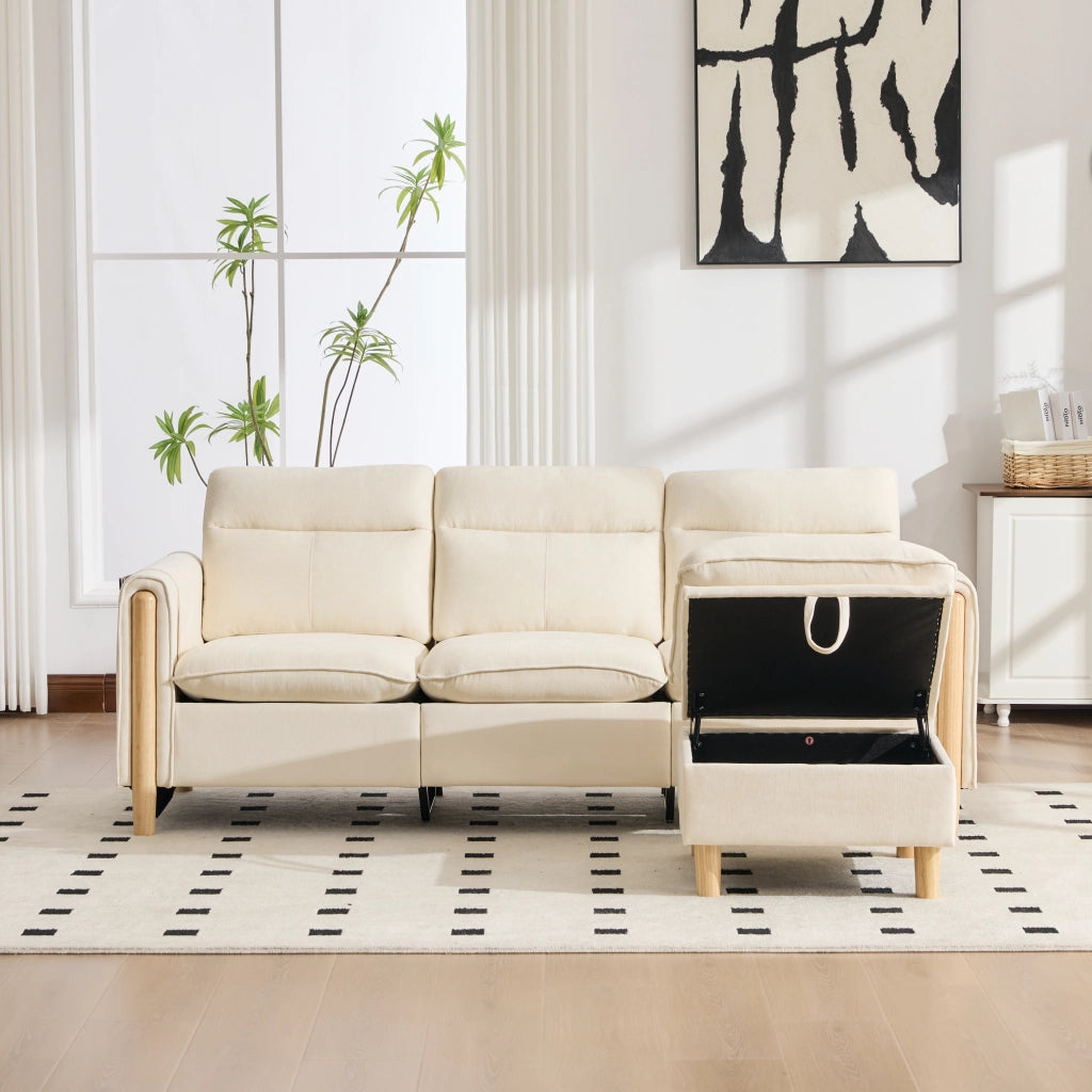 Divano ad angolo modulare in chenille con pouf contenitore e tasche laterali in legno beige per piccoli spazi
