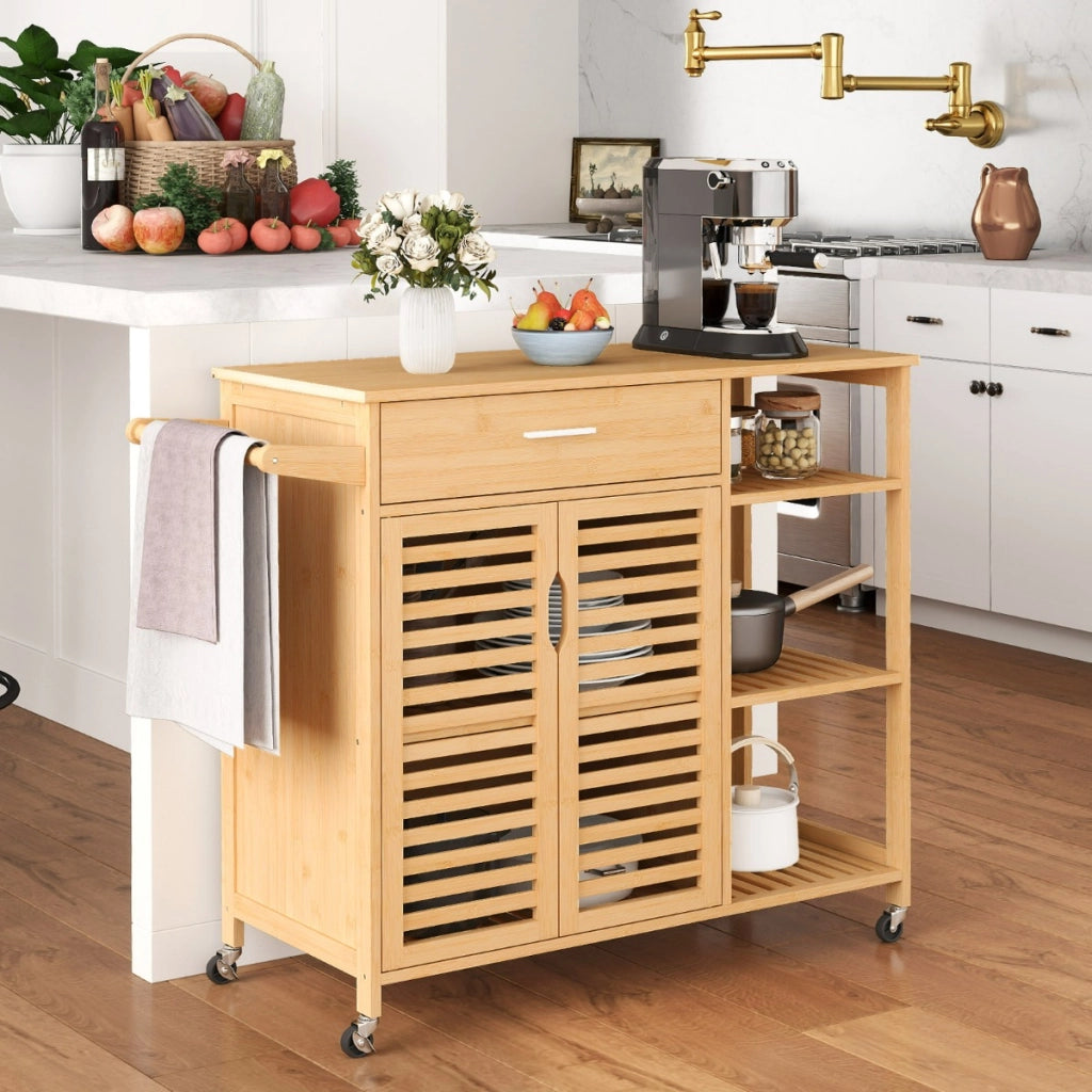 Carrello da cucina 90 cm per sala da pranzo e soggiorno, Barra per asciugamani e armadio con 2 porte Naturale-Carrelli