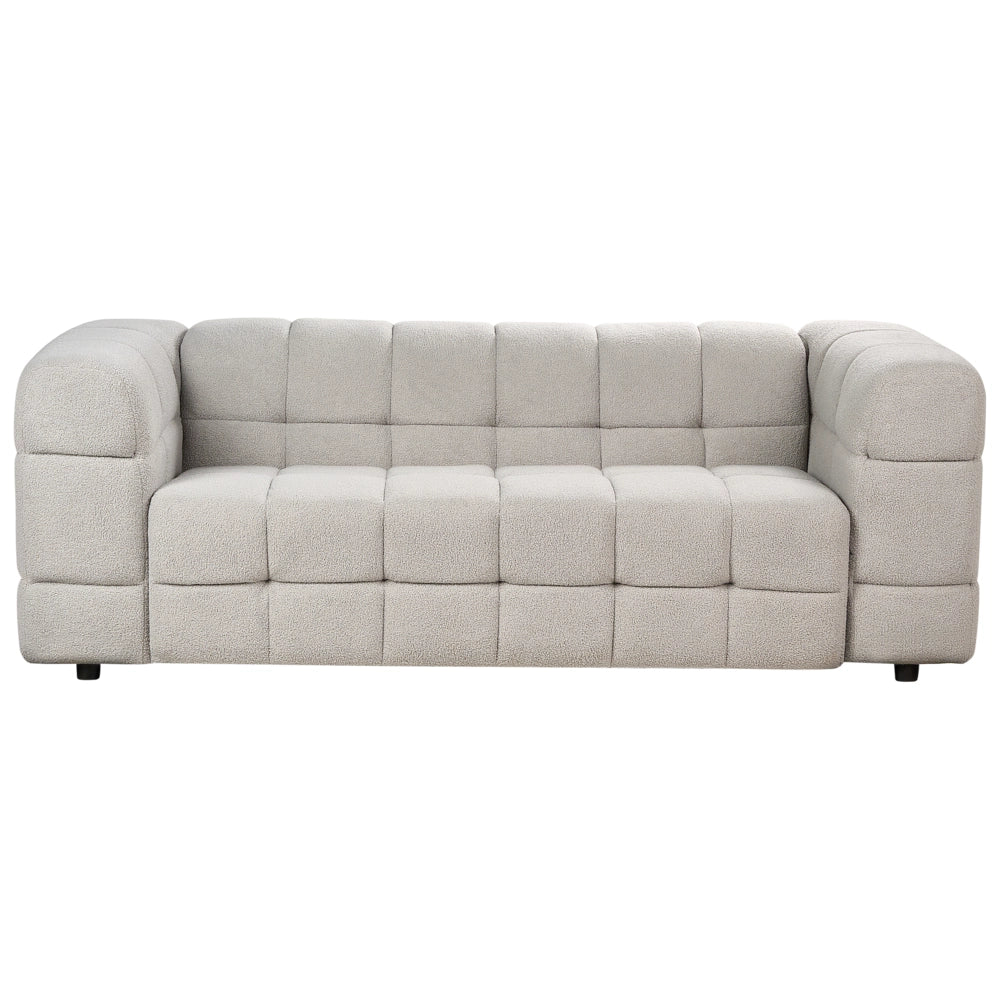 Divano imbottito a 3 posti in tessuto poliestere boucle con gambe nere braccioli grigio chiaro stile moderno elegante