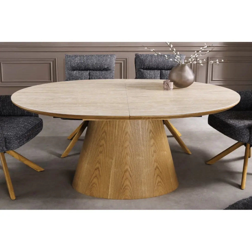 Table LUMEA estensibile 160–200 cm – Tavolo contemporaneo in ceramica effetto travertino e quercia