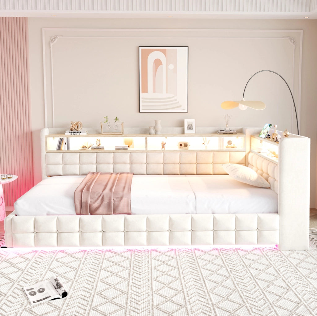 Divano letto imbottito 90x200 cm con contenitore idraulico; ripiani; LED; prese USB e Type-C; beige