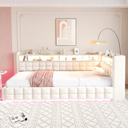 Divano letto imbottito 90x200 cm con contenitore idraulico; ripiani; LED; prese USB e Type-C; beige