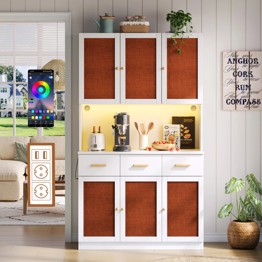 Credenza da cucina con LED e presa elettrica in MDF bianco con ante in tessuto e ripiani regolabili 105 × 43 × 182 cm