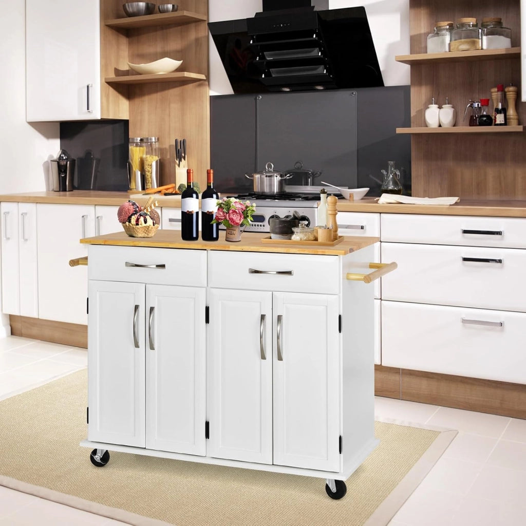 Carrello da Cucina con Cassetti, Isola Cucina con Piano in Legno di Gomma, con 4 Ante Ripiani Regolabili e Porta Asciugamani, per Cucina Bar Ristorante, 122x48x93 cm (Bianco)