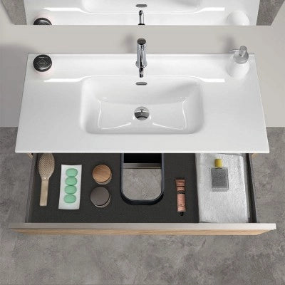Mobile bagno sospeso 80 cm rovere miele con lavabo e specchio tondo Master