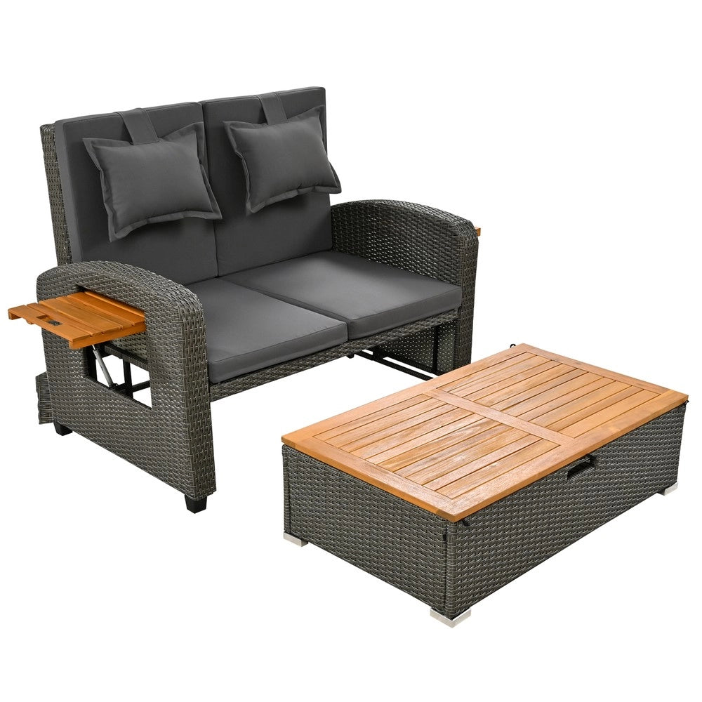 Set da giardino per 2 persone - Zephmum- Rattan grigio, schienale regolabile, con poggiapiedi
