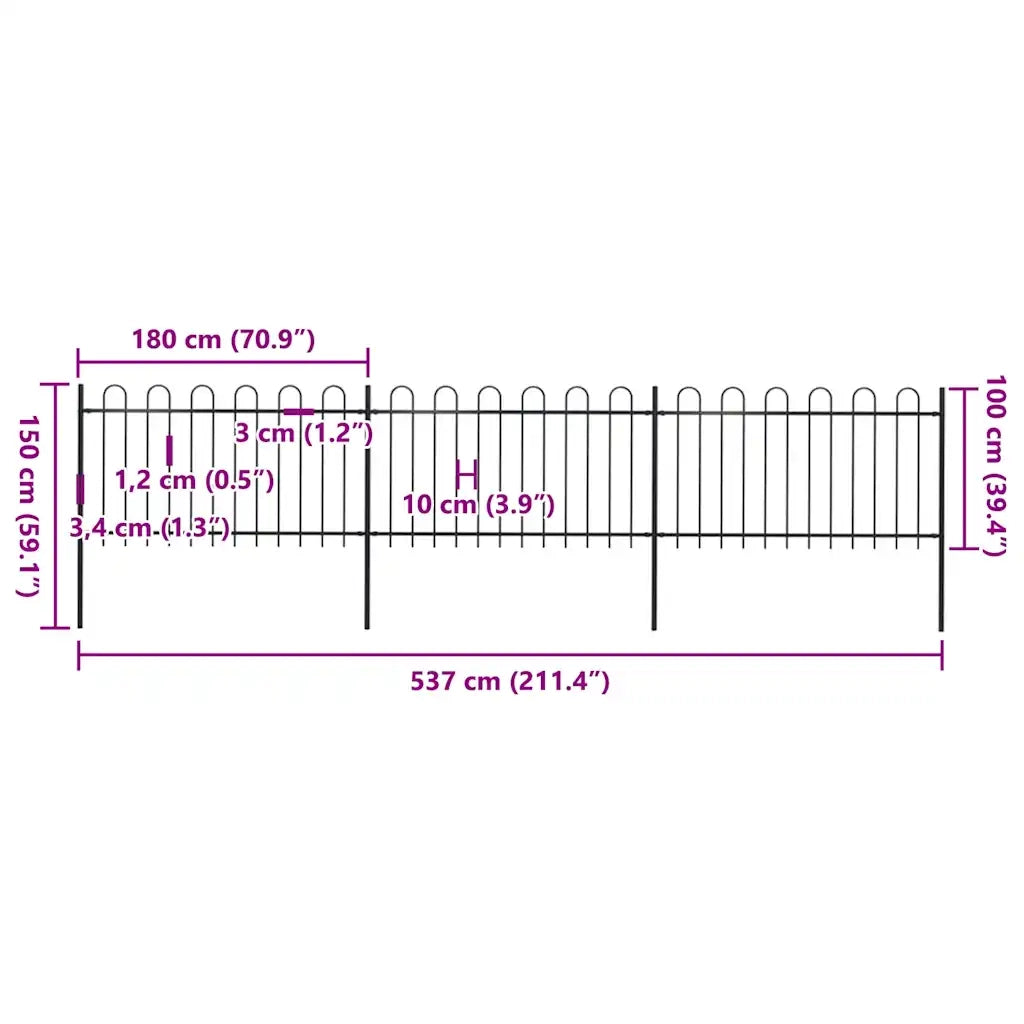 Recinzione da Giardino | Recinzione da cortile con Parte Superiore ad Anello in Acciaio 537x100 cm Nera