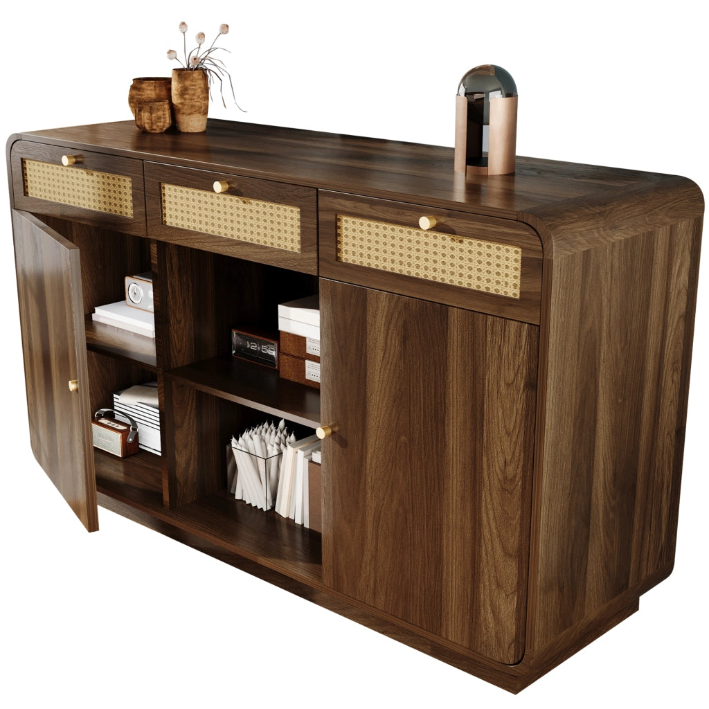 Credenza con 3 Cassetti; 2 Ante e Ripiano Aperto; Stile Retr??; in MDF e Truciolare; 120??40??85 cm; Noce