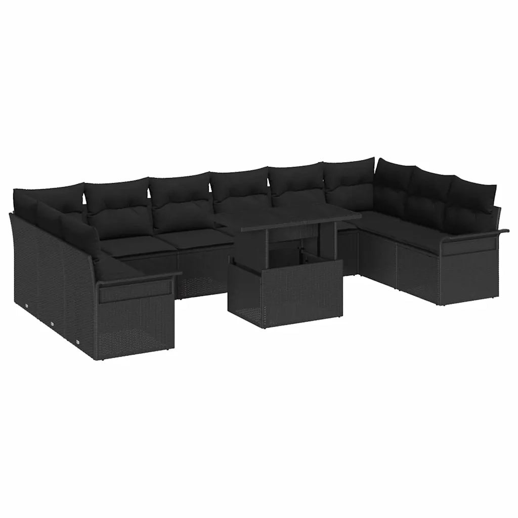 Set Divano da Giardino con cuscino 11 pcs Nero Poly Rattan