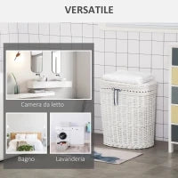 Cesto Portabiancheria in Vimini con Coperchio e Sacco Interno in Tessuto Lavabile, Bianco