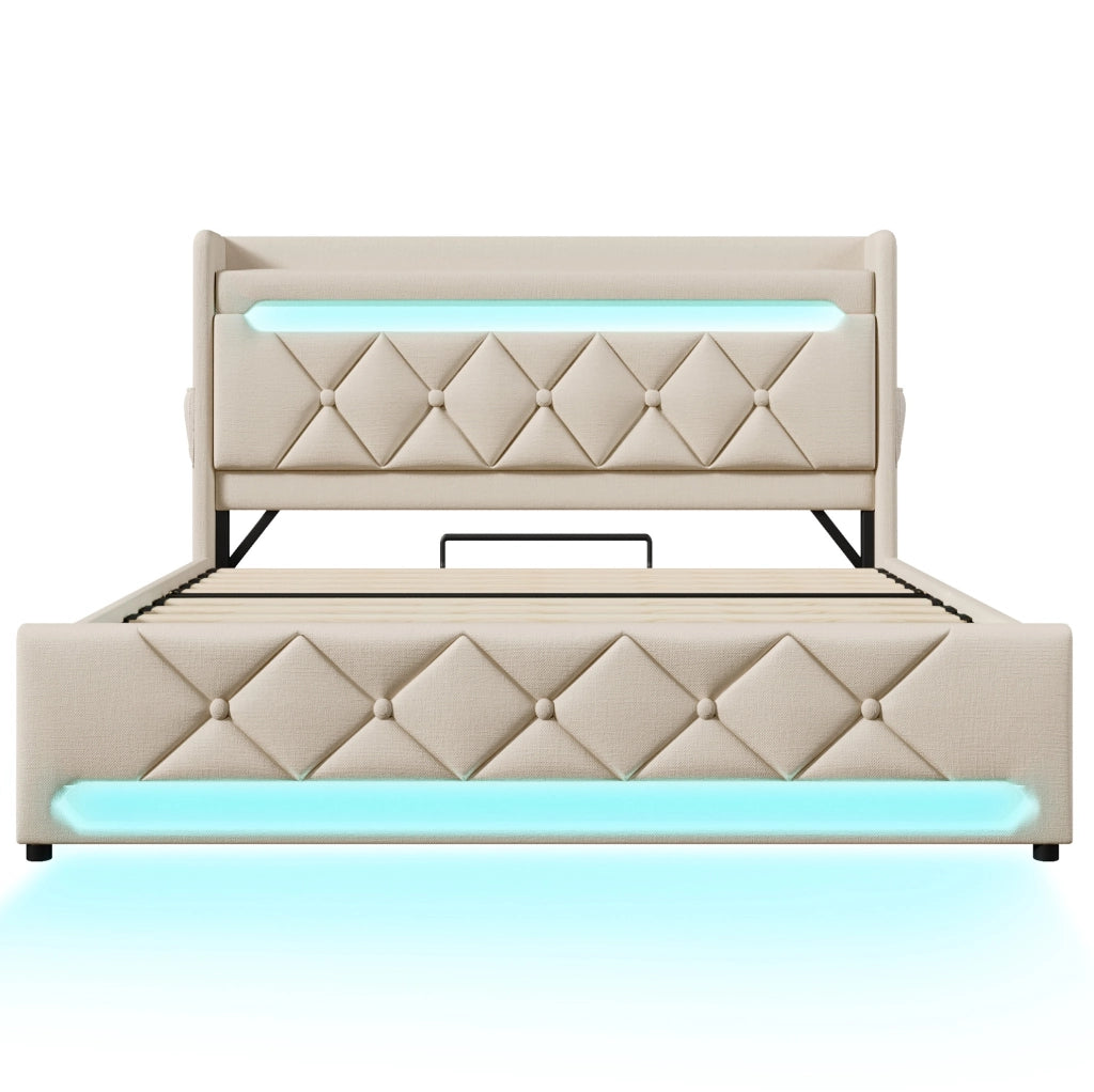 Letto imbottito ULEVR 140x190 cm con contenitore idraulico, LED 360¡ã, ricarica USB e USB-C, lino beige