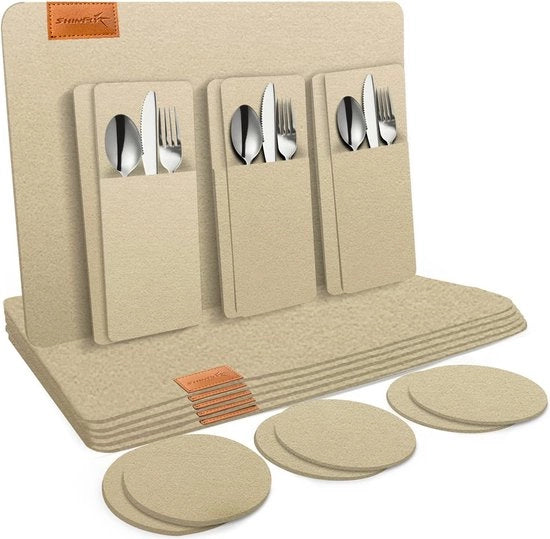 Set di tovaglie per tavola 18 pezzi, 6 pezzi di tovaglia per tavola, lavabile (44x32 cm), 6 pezzi di tovaglie per piedi di tavolo, 6 pezzi di sacchetti per posate, set di piedi di tavolo con tovaglie, piedi di tavolo, piatti, giallo chiaro