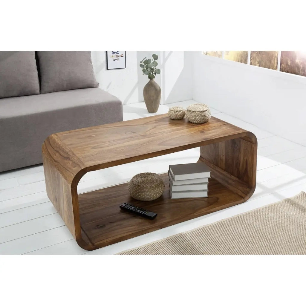 Tavolino basso CURVENA in legno massiccio di Sheesham – tavolo dal design con nicchia in stile chic naturale