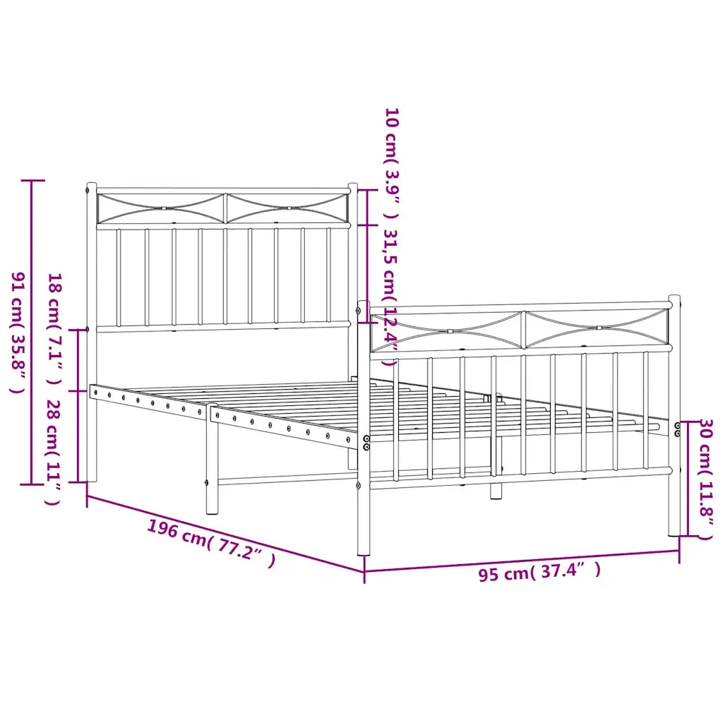 Letto singolo | Letto per adulti | Giroletto con Testiera e Pediera Metallo Bianco 90x190 cm