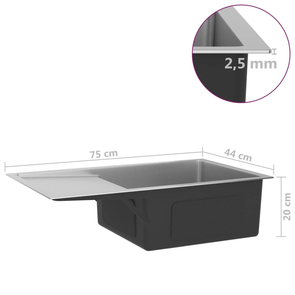 Lavello da cucina fatto a mano 75 x 44 cm acciaio inox argento 02_0002469