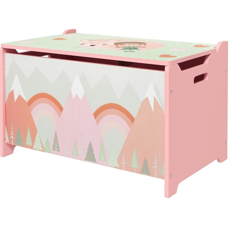 Cassapanca portagiochi rosa in legno con coperchio di sicurezza