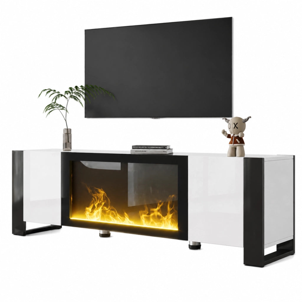 Mobile TV 165x55x32 cm; camino elettrico decorativo; pannello truciolare; bianco e nero