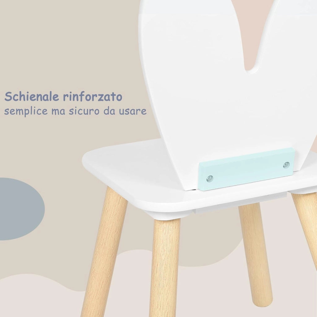 Tavolino e Sedie per Bambini con 2 Sedie, per Mangiare e Dipingere, Forma di Coniglio, Cameretta, Asili Nidi, in MDF e Legno Massello, Bianco e Venature Legno