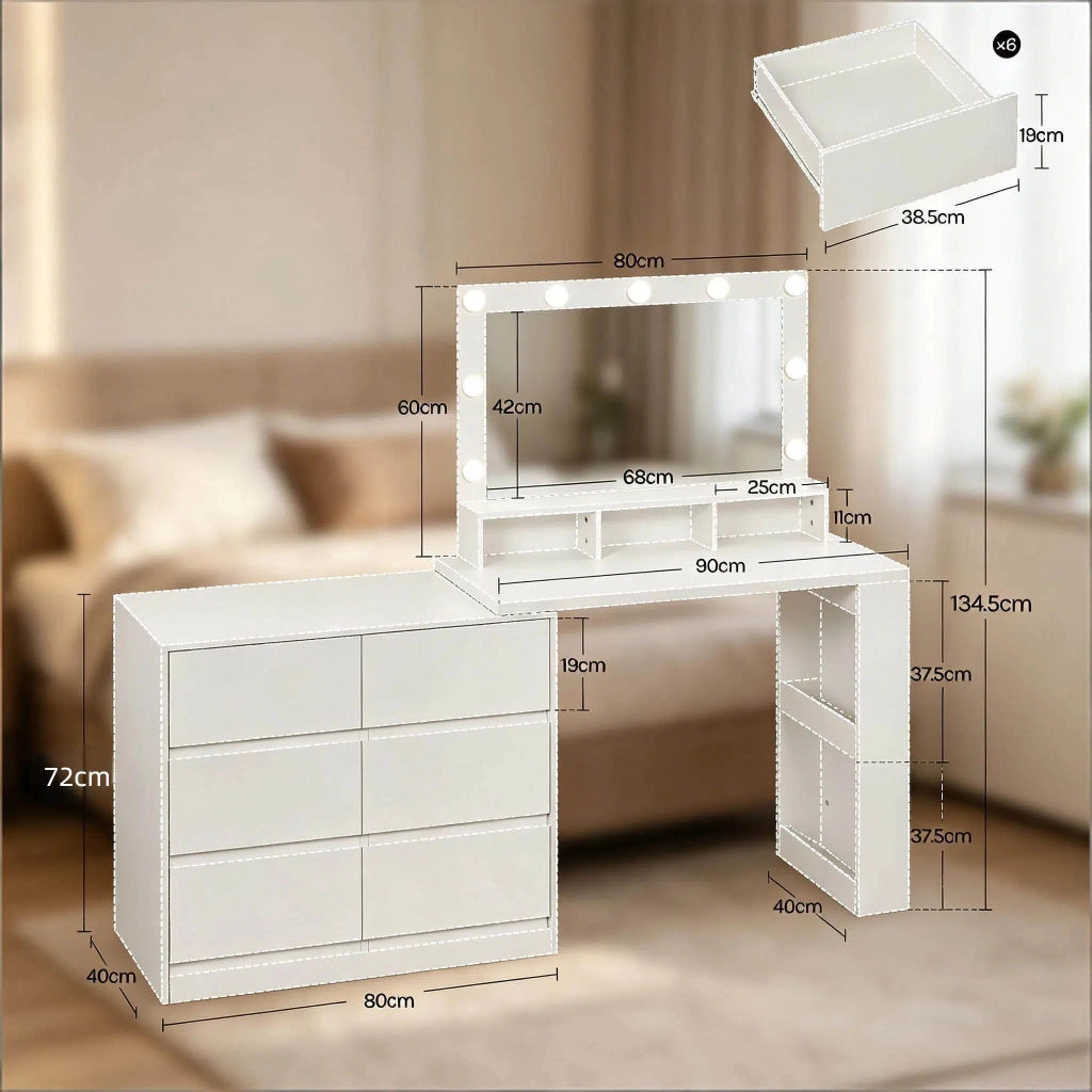 Tavolo multifunzione 2-in-1 a forma L; 6 cassetti grandi; specchio LED regolabile; utilizzabile come scrivania; solo tavolo