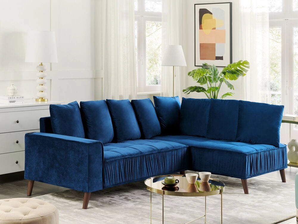 Divano ad angolo cuscini in tessuto di velluto blu navy gambe in metallo con finitura in legno