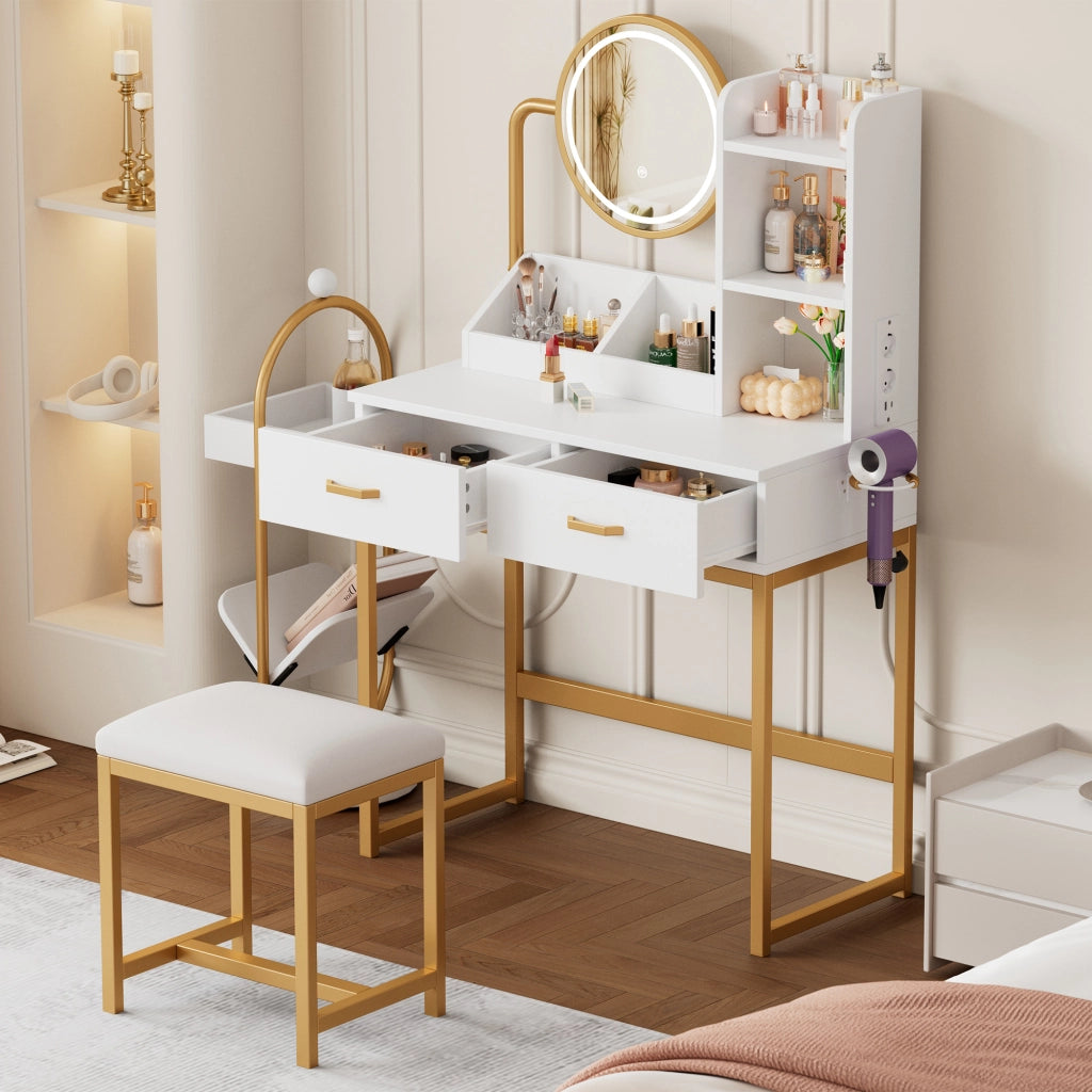 TOELETTA 80x40x138,5 cm con specchio LED, bianco/oro con sgabello