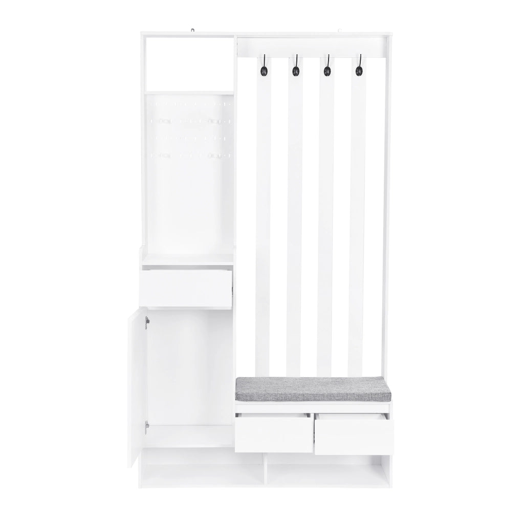 Mobile ingresso multifunzionale in MDF bianco con panca imbottita e pannello forato