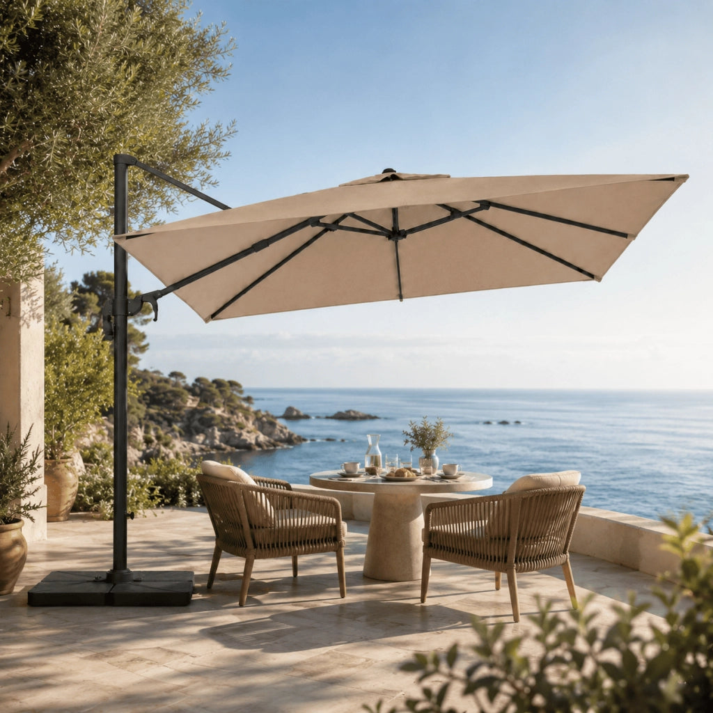 Ombrellone Per Giardino Esterni Piscina Gazebo Terrazze Bar Hotel Braccio Retrattile Acciaio Inossidabile Rotazione 360° Braccio Girevole Telo Impermeabile Resistente Raggi UV 3X3 M Tortora