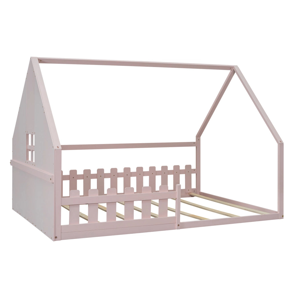 Letto Casetta 140×200 cm; Letto Singolo 2 Posti con Sponda; senza Materasso; in Pino e MDF; Rosa
