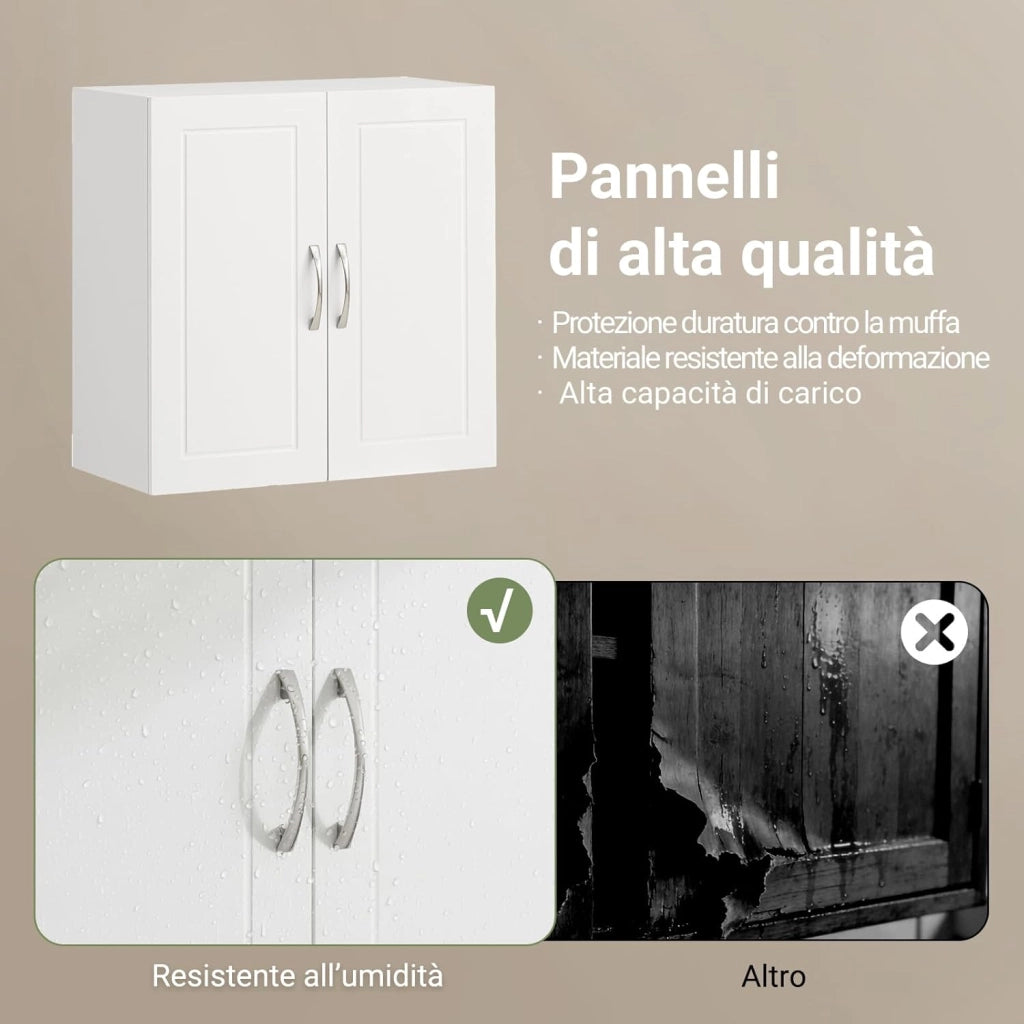 Pensile Cucina Sospeso - Mobile Cucina con Ante Bianco Mobile Pensile da Muro Salvaspazio in Legno 60x30x60 cm con Ripiani Regolabili Dispensa Moderna FRG231-W