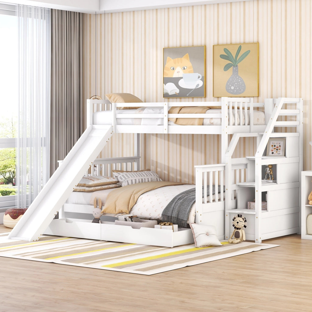 OKWISH Letto a Castello 90×200 cm e 140×200 cm, Letto 3 Posti con 2 Cassetti, Contenitore e Scivolo, senza Materasso, in Pino, Bianco