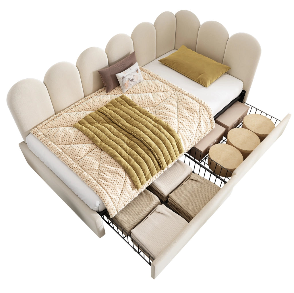 Letto singolo imbottito in velluto beige 90x190 cm con 2 cassetti