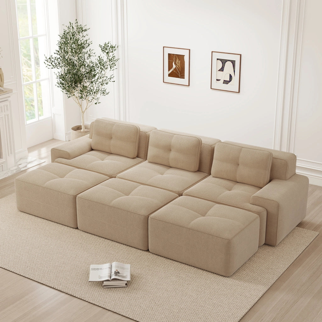 Divano angolare modulare in corda con funzione letto e 3 pouf, seduta profonda, beige