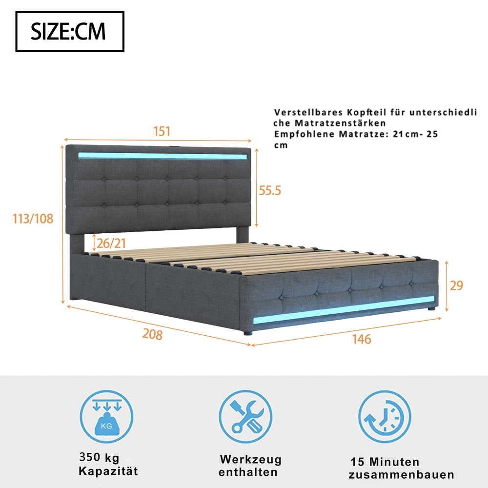 Letto Imbottito con Contenitore ¨C MINIMAL ¨C Tessuto Grigio, LED, 4 Cassetti, 140x200
