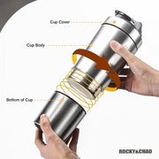 Shaker Proteico in Acciaio Inossidabile, 700 + 200 ml Mixatore a Doppia Parete con Sacchetto per Polveri e Bilanciere.