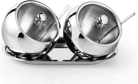 Set di 2 vasetti da zucchero in acciaio inox lucido per il servizio di zucchero, pepe, sale e spezie 300 ml
