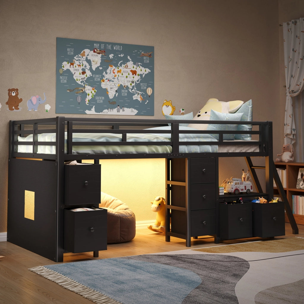 Letto a mezza altezza 90x200 cm salvaspazio con 7 cassetti in tessuto; mensole; area gioco e LED 7 colori; nero