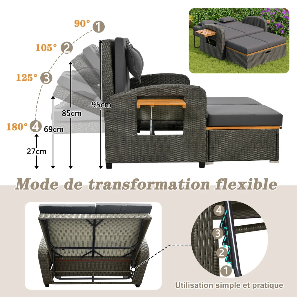Set Lounge da Giardino 2 Posti con Poggiapiedi ¨C MINIMAL ¨C Rattan Grigio, Schienale Regolabile