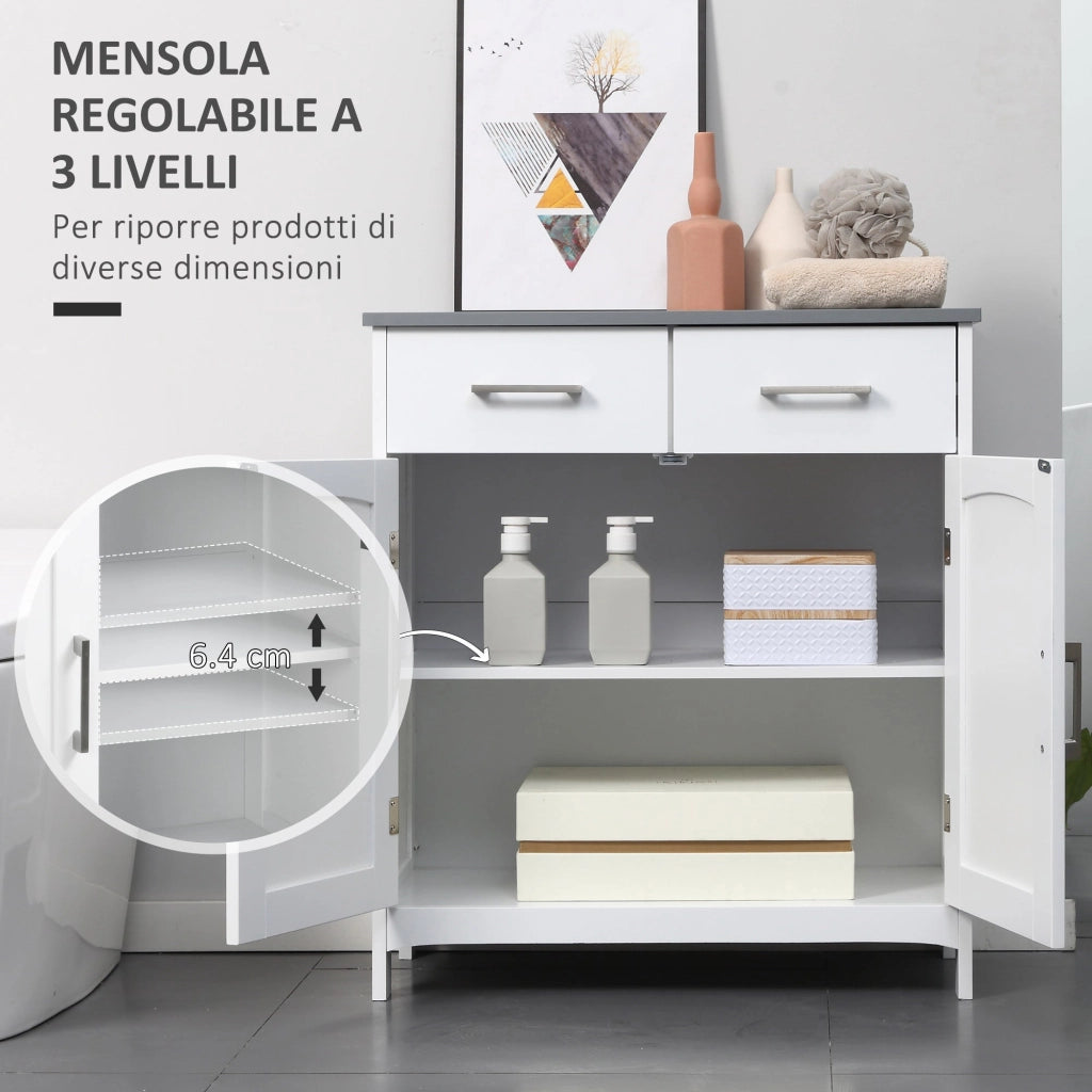 Mobiletto Bagno 2 Ante 2 Cassetti 1 Ripiano 68x33x76 cm in MDF Bianco