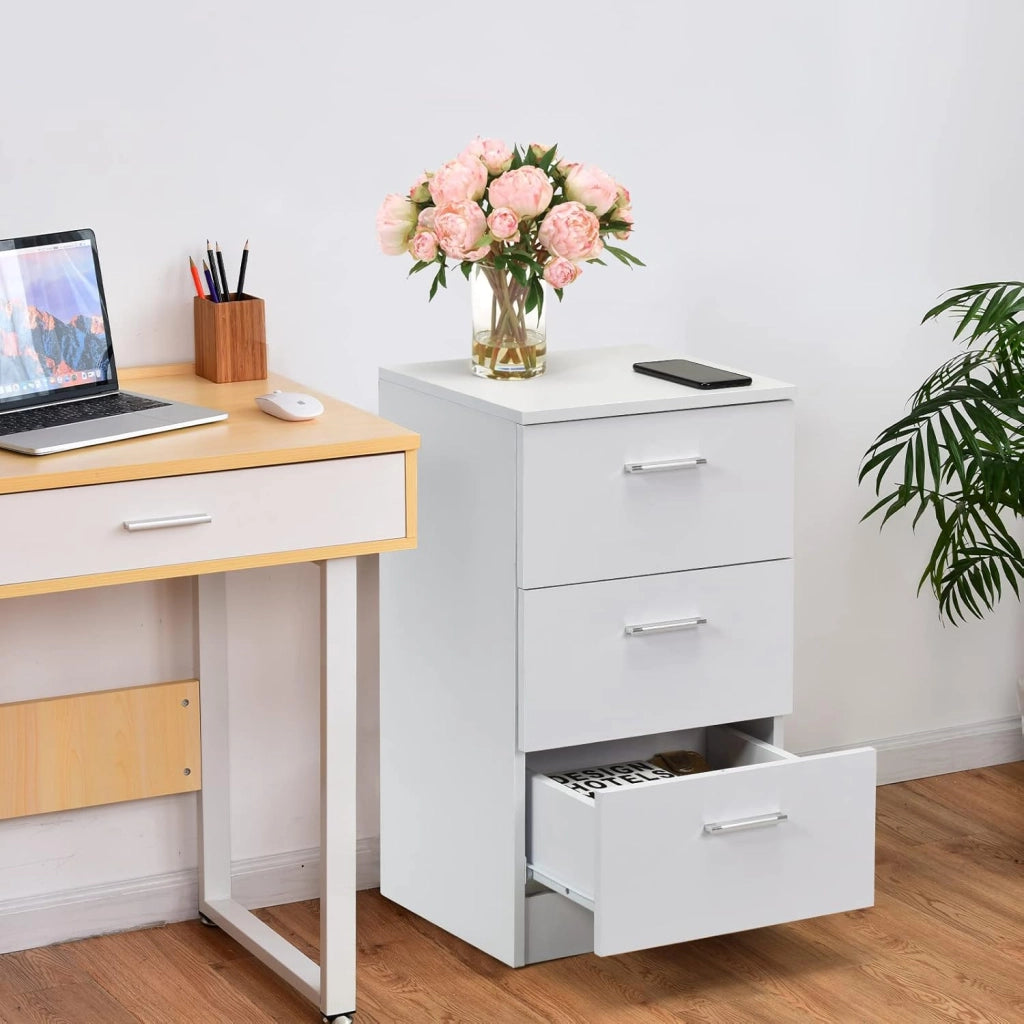 Comodino Camera, Armadietto Laterale, Mobiletto Fianco Letto, con 3 Cassetti, per Ufficio/Soggiorno/Studio, Portata di 80kg, 38x35x66cm, Nero/Bianco
