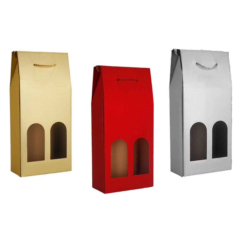 Set 6 Borse Regalo di Natale per Vino Doppio Posto Colore Oro Rosso e Argento 18x39x9 cm