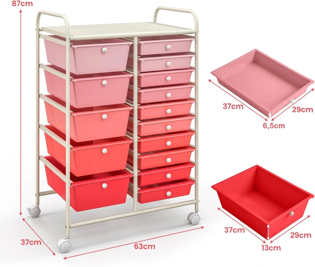 Carrello con 15 Cassetti Impilabili, Carrello di Stoccaggio con Ruote, Carello Portaoggetti per Casa e Ufficio, 62,5 x 37 x 87 cm (Rosa)