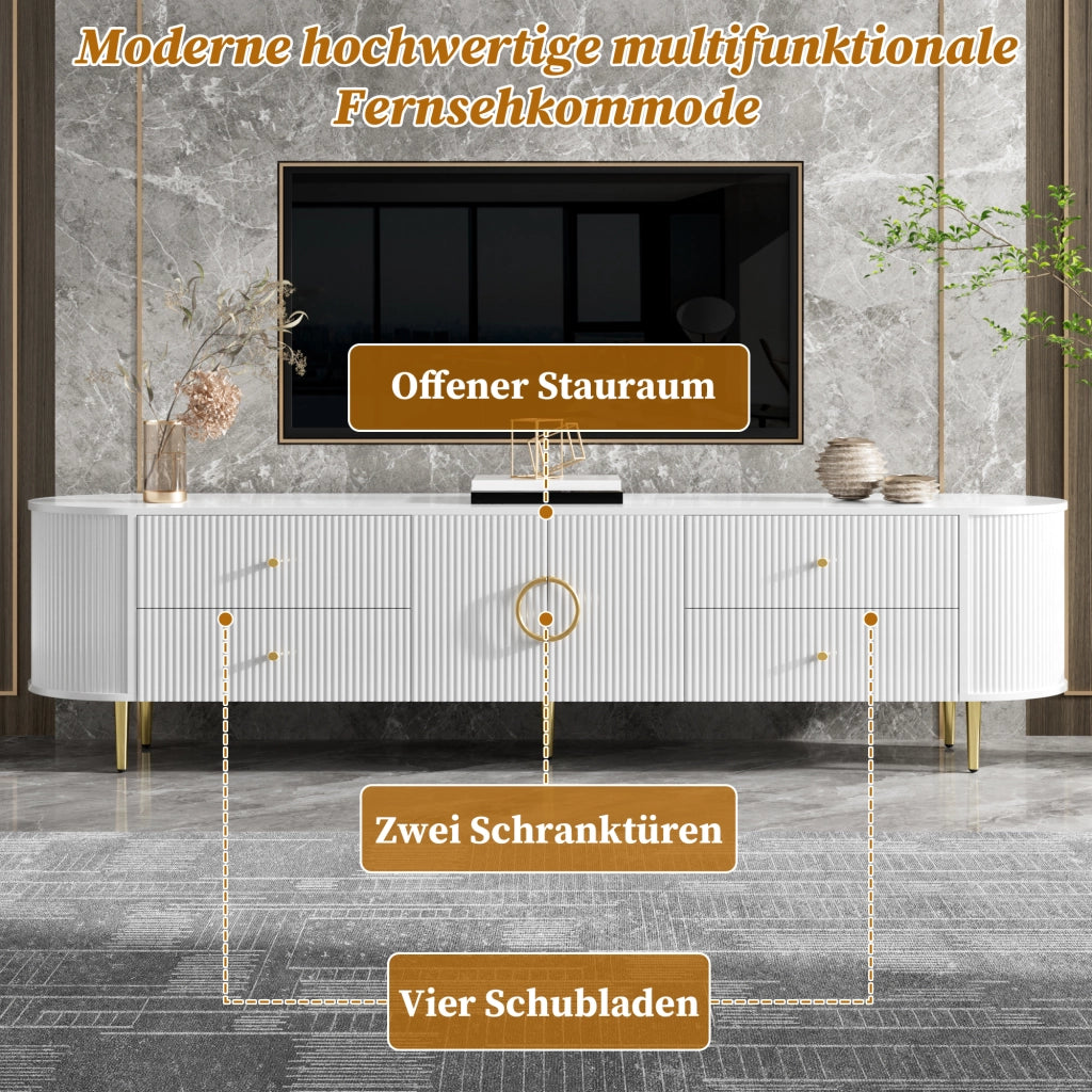 Mobile TV con ante a onde tridimensionali e cassetti; 180x40x38 cm; MDF bianco