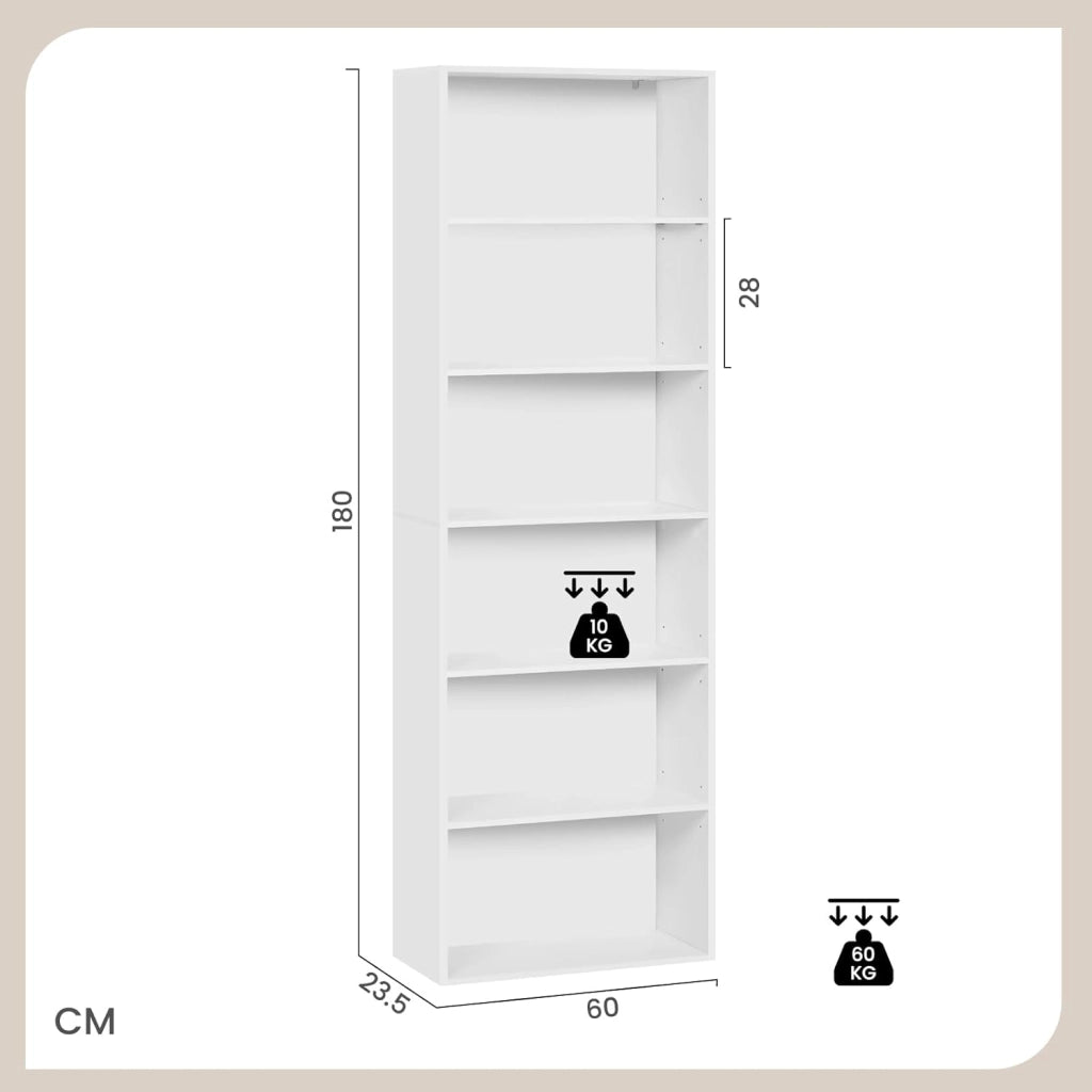 Libreria, scaffale con 6 ripiani regolabili, scaffale aperto, divisorio in piedi, per soggiorno, ufficio, camera da letto, 60 x 180 x 23,5 cm, bianco, SK052ws