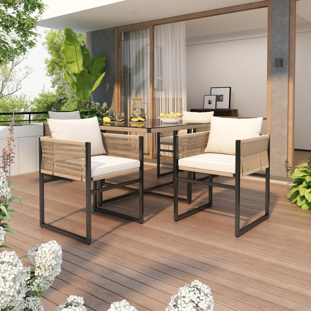 Set pranzo giardino 5 pezzi: tavolo pranzo + 4 sedie impilabili; ferro; vetro sicurezza; beige