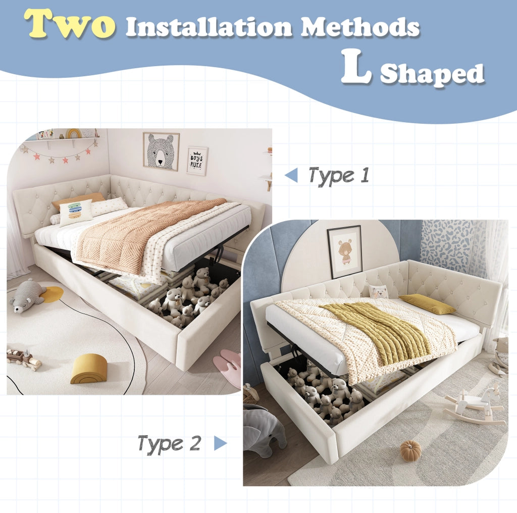 Letto singolo a L con contenitore idraulico 90x190 cm in velluto beige