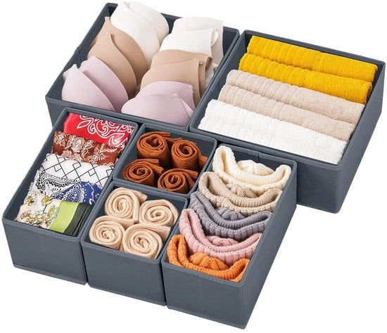 Organizzatore di carrello per abbigliamento, dividiatori di carrello pieghevoli in tessuto, organizzatore di intimo per calze, reggiseni, slip e sciarpe (grigio scuro, 6-pack)